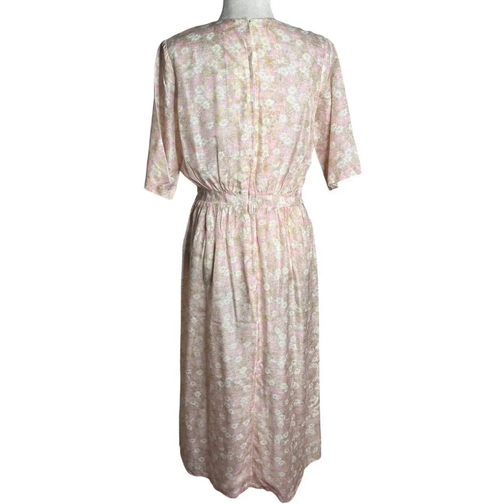 Vintage 50s Sheer Floral Day Dress Small Beige Pink Metal Zipper Short Sleeves
